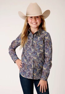 Roper Girls Royal Paisley Multi-Color 100% Cotton L/S Shirt - Picture 1 of 4