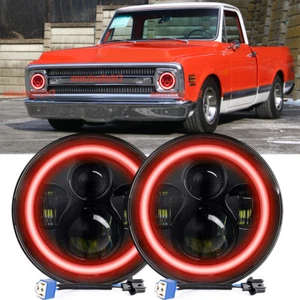 Pair 7inch Round LED Headlight HI/LO Red Halo DRL Fit Chevy C10 C20 Camaro Nova - Picture 1 of 10