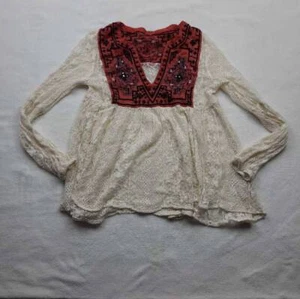 Free People Womens Babydoll Top Off White Tribal Long Sleeve Embroidery Beads M - Picture 1 of 6