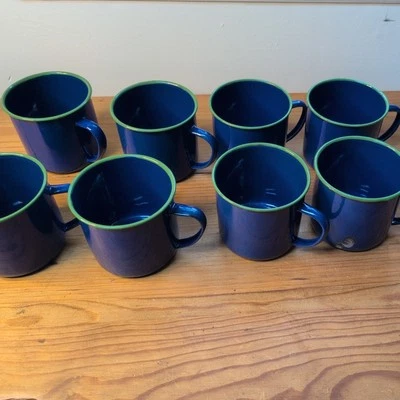 Pottery Barn Enamelware mugs " blue w/ green Rims Set of 8 Camping RV - Image 1 of 4