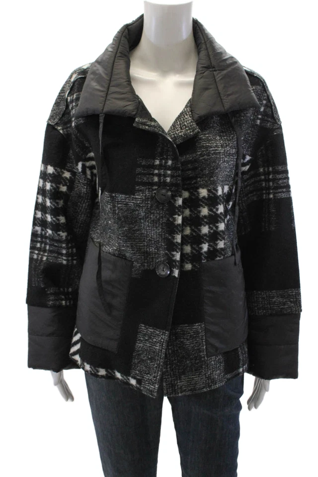 Renuar Womens Textured Thick Knitted Button Collar Checkered Jacket Black Size X - Image 1 of 4