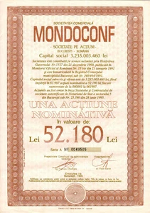 Romania, 1995, Mondoconf - Vintage Bond Certificate, 52.180 Lei - Picture 1 of 2