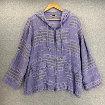 FLAX Womens Medium Purple Yellow Striped Linen Zip Hoodie Jacket Pockets Boho - Image 1 of 4