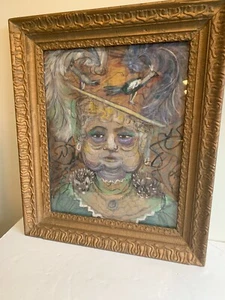 VINTAGE COLORFUL OUTSIDER ART PASTEL MARDI GRAS LADY REVELER CIRCA 1960 - Picture 1 of 7