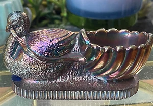 Vtg. Blue Carnival Glass Swan pulling basket Toothpick/Trinket Holder - Picture 1 of 12