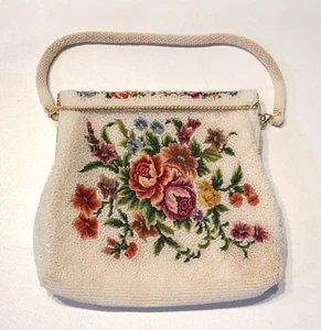 Vintage 50's Floral Needlepoint Tapestry & White Beaded Handbag/Purse with Strap - Picture 1 of 10