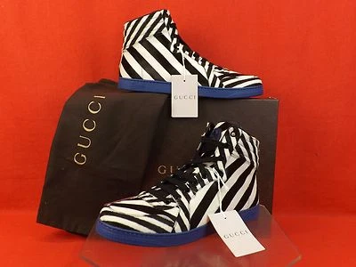 NUEVO EN CAJA ZAPATILLAS GUCCI 353412 NEGRAS BLANCAS A RAYAS PELO DE CABALLO ALTAS CON CORDONES 6 US 7 Foto 1 de 4