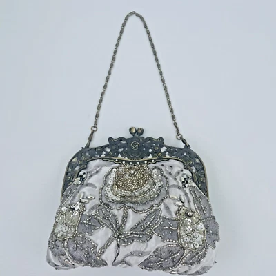 Vintage Style Beaded Floral Evening Clutch Bag Purse Silver Long & Short Chain - image 1 of 4