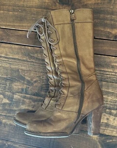 Stivali alti con lacci e zip FRYE VILLAGER LACE 77610 in pelle marrone misura 5,5 - Foto 1 di 7