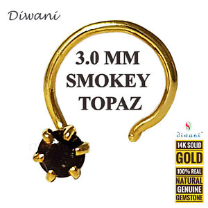 Diwani 3.0mm Natural Smokey Topaz 14k Gold Wedding Nose Ring Pin Piercing Stud