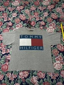 Vintage Tommy Hilfiger Big Flag Logo Graphic Short Sleeve T-Shirt Gray Men’s XL - Picture 1 of 17