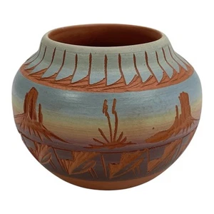 Native American Navajo Pottery Vase - Bowl By Signed 3" x 4" Hand Carved & COA - Imagen 1 de 8