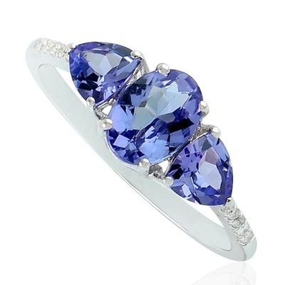 Rings For Women Tanzanite Stackable Ring 18k White Gold Diamond Handmade Jewelry - Image 1 of 4