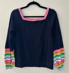 BODEN SWEATER NAVY WITH RAINBOW SLEEVES Colorful Striped Sleeve Sweater size 2 - Picture 1 of 3