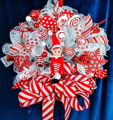 Guirnalda de puerta de entrada de elfo de Navidad grande 24" hecha a mano decoración de vacaciones de malla decorativa Foto 1 de 4