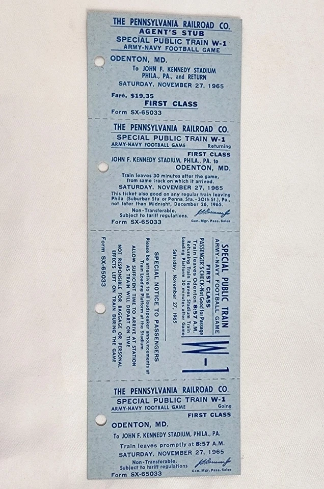 1965 PA Railroad Train Ticket Army Navy Football Game MD To Philadelphia W-1 Blu - Image 1 of 1