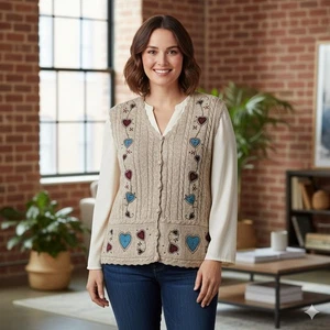 CJ Banks Hand Embroidered Heart Print Knit Button Sweater Vest Size X 14W Granny - Picture 1 of 6