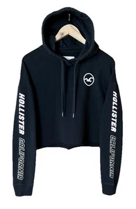 HOLLISTER Hoodie Women's Medium Black White Pink Cropped Fleece Logo Sweatshirt - Picture 1 of 23