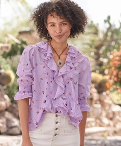 Sundance Beatrice Ruffle Blouse Top Women's Size Small Lavender Floral Bell Slv - Picture 1 of 6
