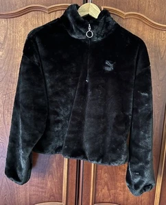 Puma Ladies Plush Supersoft Faux Fur Black Half Zip Sweatshirt Top Relaxed Small - Picture 1 of 19