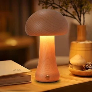 Small Wood Mushroom Lamp, LED Cordless Bedside Touch Portable S, Brown - Picture 1 of 9