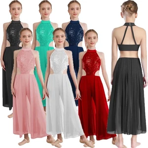 Kids Girls Jumpsuit Sparkly Dancewear Lyrical Costume Halter Latin Ballerina - Picture 1 of 7