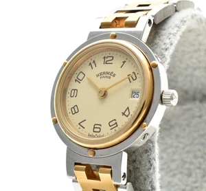 [EXC+5] Hermes Clipper Ivory Dial Date Gold Two Tone 24mm Qz Ladies Watch JAPAN - Picture 1 of 13