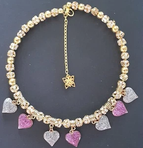 NECKLACE/CHOKER GP ENAMELLED HEARTS GP & GLASS SPACER BEADS + EX.CHAIN HAND MADE - Picture 1 of 1