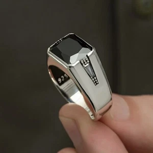 Solid Real Sterling Silver Black Onyx Stone Men's Ring All Size           #TR164 - Picture 1 of 4