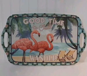 Large Platter Tray Melamine Janelle Penner Artist Beach Flamingos Vacation Palms - Picture 1 of 10