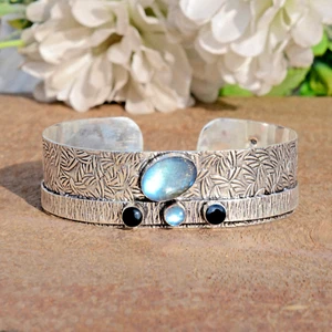 Labradorite Black Onyx Gemstone 925 Sterling Silver Bracelet One Person Gift - Picture 1 of 9