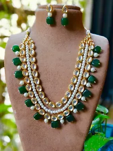 Indian Bollywood Gold Plated Kundan Bridal Pearl Necklace Wedding Jewelry Set - Picture 1 of 3