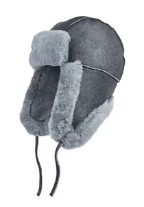 Mens Grey RAF Aviator Suede Sheepskin Hat Winter Warm Leather Navigator Hat - Picture 1 of 5