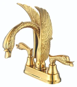 Gold PVD 4" Center Hole Swan Sink Faucet mixer tap Brass swan handles Deck mount - Picture 1 of 5