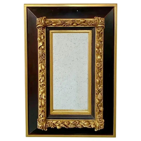 French Rococo Style Small Rectangular Wall Mirror in Ebony & Gold Leaf Cover