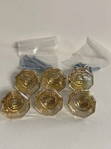 6 Glass Honey Amber Color Octagon Dresser Drawer Pulls Cabinet Knobs Brass Base - Picture 1 of 12