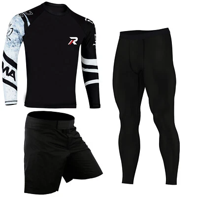 ROAR 3-Pc Set MMA Short BJJ Long Sleeve Rash Guard Grappling Compression Legging - Image 1 of 2