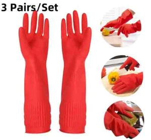 3 Pairs Rubber Gloves Non-slip Household Long Sleeve Washing Up Kitchen Cleaning - Picture 1 of 17