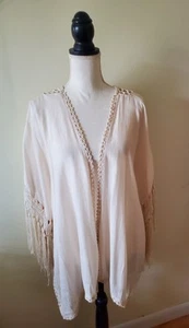 LIV Los Angeles Women's 2X Open Front Crochet Detail Cardigan Fringe Trim Cream - Picture 1 of 18