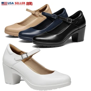 Women Ankle Strap Mary Jane Round Toe Chunky Low Block Heel Comfort Pump Shoes - Picture 1 of 26