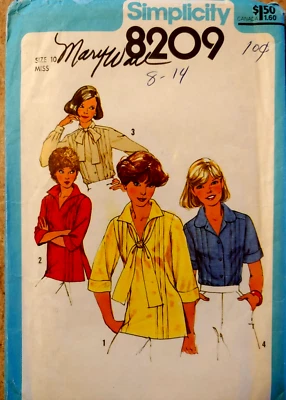 Simplicity 1977 Pattern 8209 Miss Size 10 Buttoned Front Blouse Pullover Top Bow - Image 1 of 4