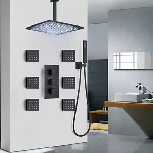 LED Thermostatic 12" Rainfall Shower Faucet Massage System W/Hand Shower Black - Picture 1 of 8