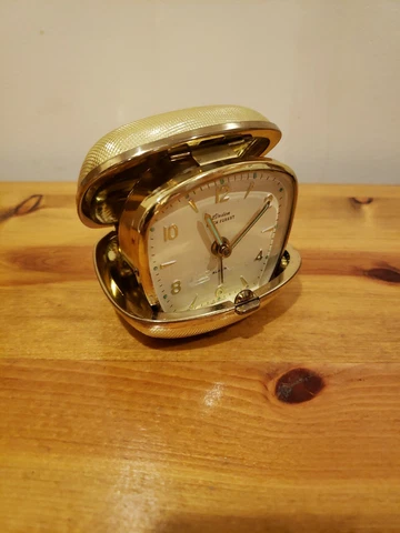 LINDEN BLACK FOREST GOLD CLAM SHELL CASE TRAVEL ALARM MADE IN GERMANY Cover
