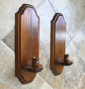 Two Vintage Wooden Farmhouse Wall Candle Holders Walnut Stained - Picture 1 of 15