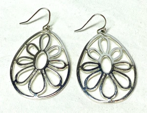 Silver Tone Teardrop Shaped Earrings With Open Flower Design Hook Closure - Picture 1 of 6
