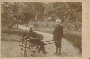 Cabinet Card Antique Photo Children Boy Girl Kids Wheelbarrow Playing Kochs Cute - Picture 1 of 6