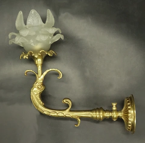LARGE SCONCE WITH DOLPHIN LOUIS XIV STYLE 19TH - BRONZE & GLASS - FRENCH ANTIQUE Cover