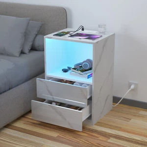 LED Nightstand USB Ports 2 Drawers Bedroom End Side Table Open Storage  - Picture 1 of 15