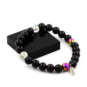stones And Minerals. Bracelet Black Agate Beads + Titanium Quartz + Hematite - Picture 1 of 5