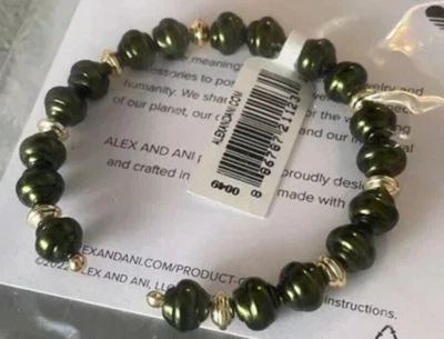 Alex & Ani Sea Sultry Cuff Bangle Bracelet Beaded/Bead Olive Green Pearl NWT - Image 1 of 3